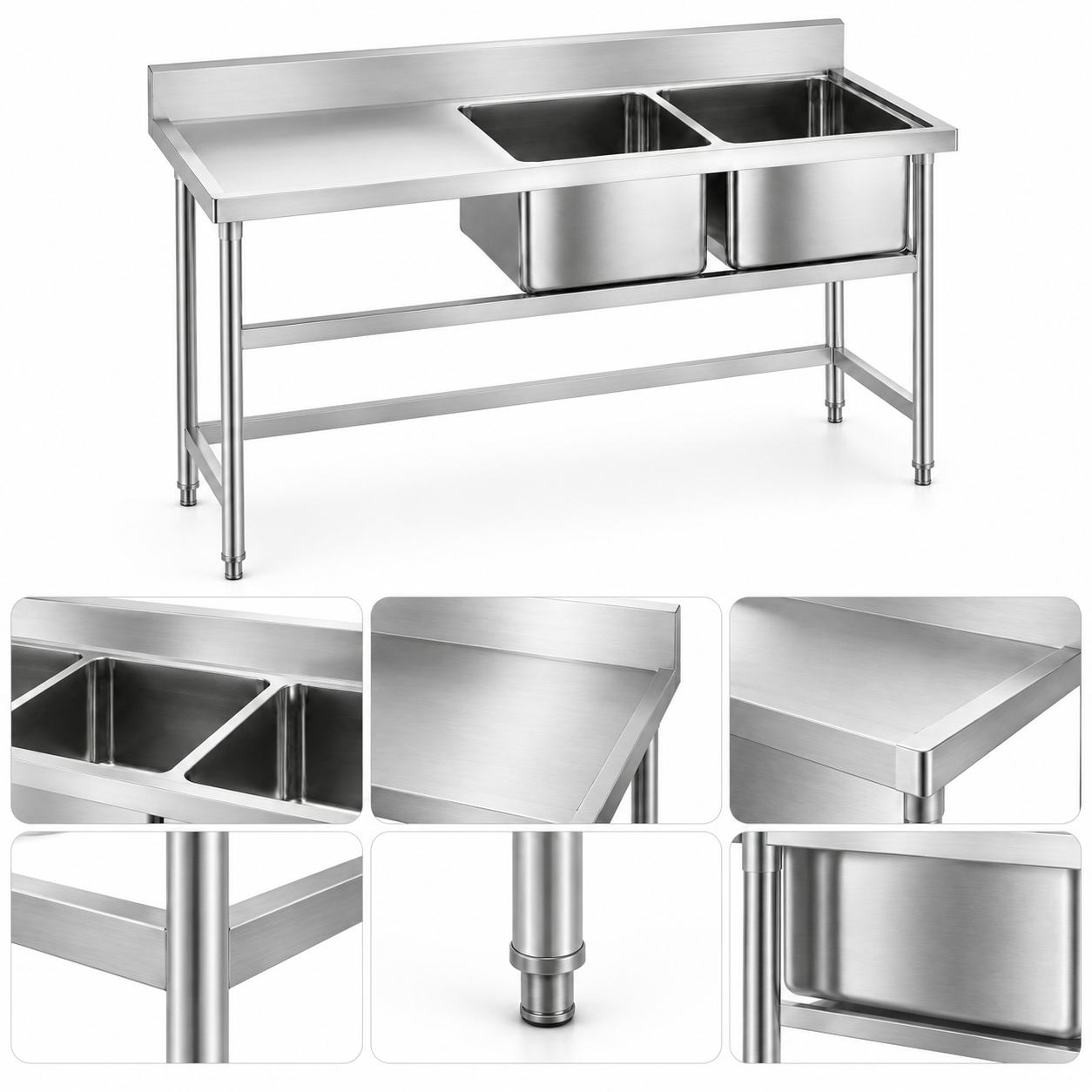 304 Stainless Steel Double Sink with Left-Side Countertop - Image 2