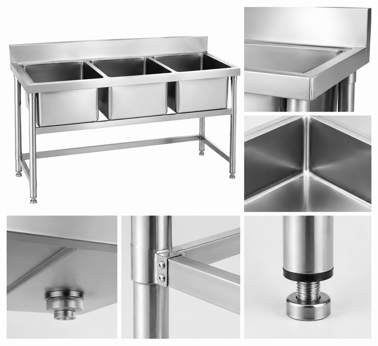 304 Stainless Steel Three-Compartment Sink - Image 2