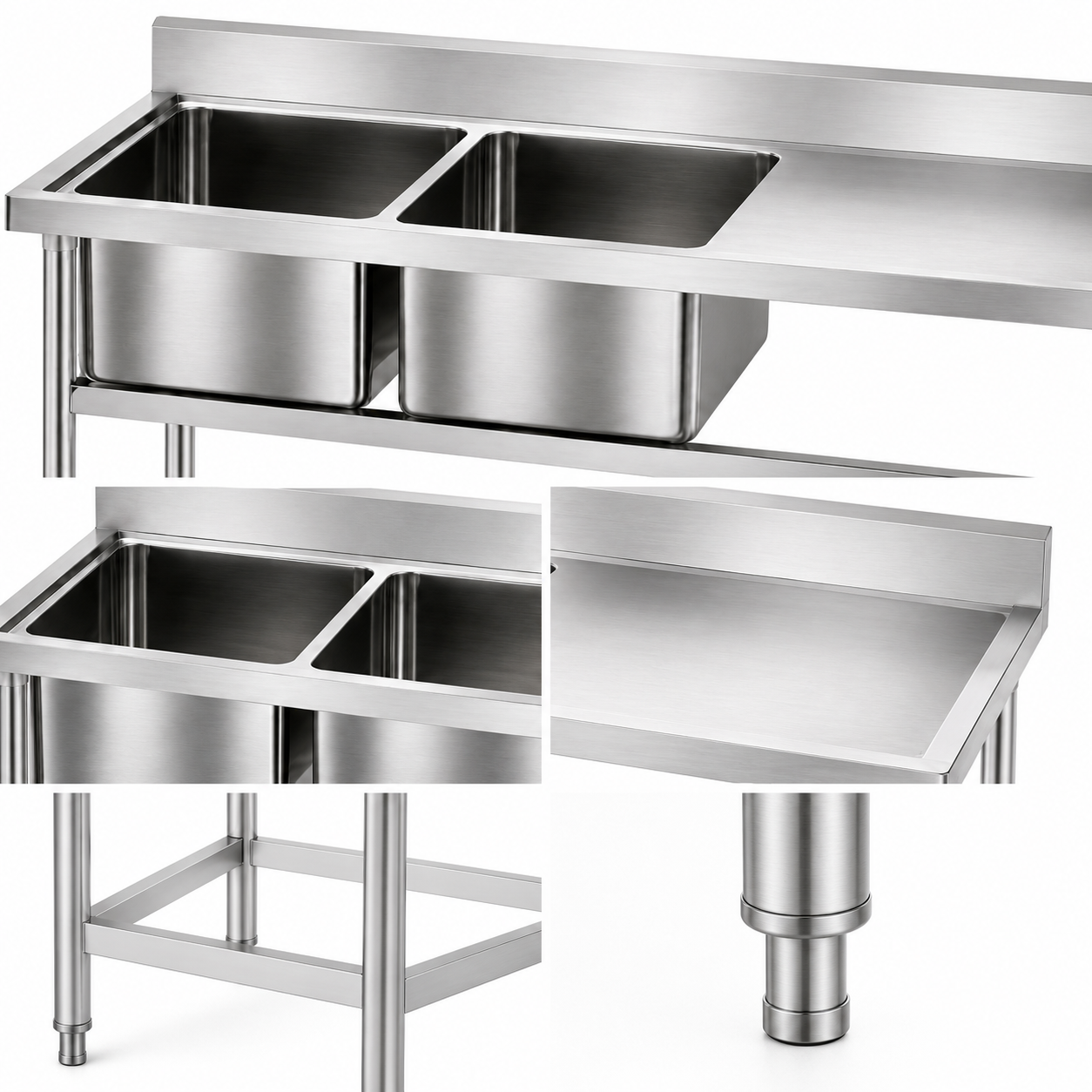 304 Stainless Steel Double Sink with Right-Side Countertop - Image 2