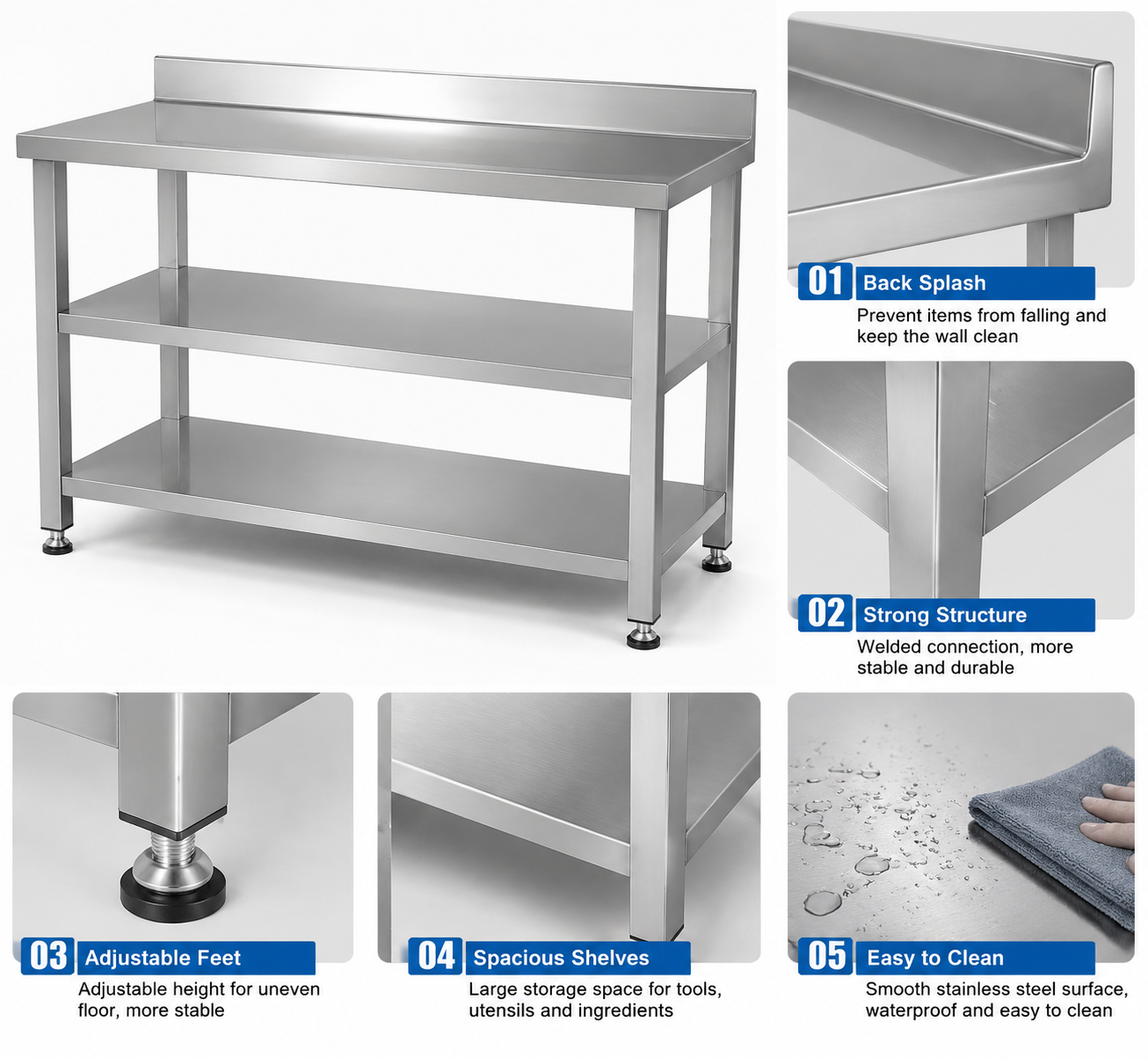Three-Tier Stainless Steel Workbench with Backrest (201 Grade) - Image 2