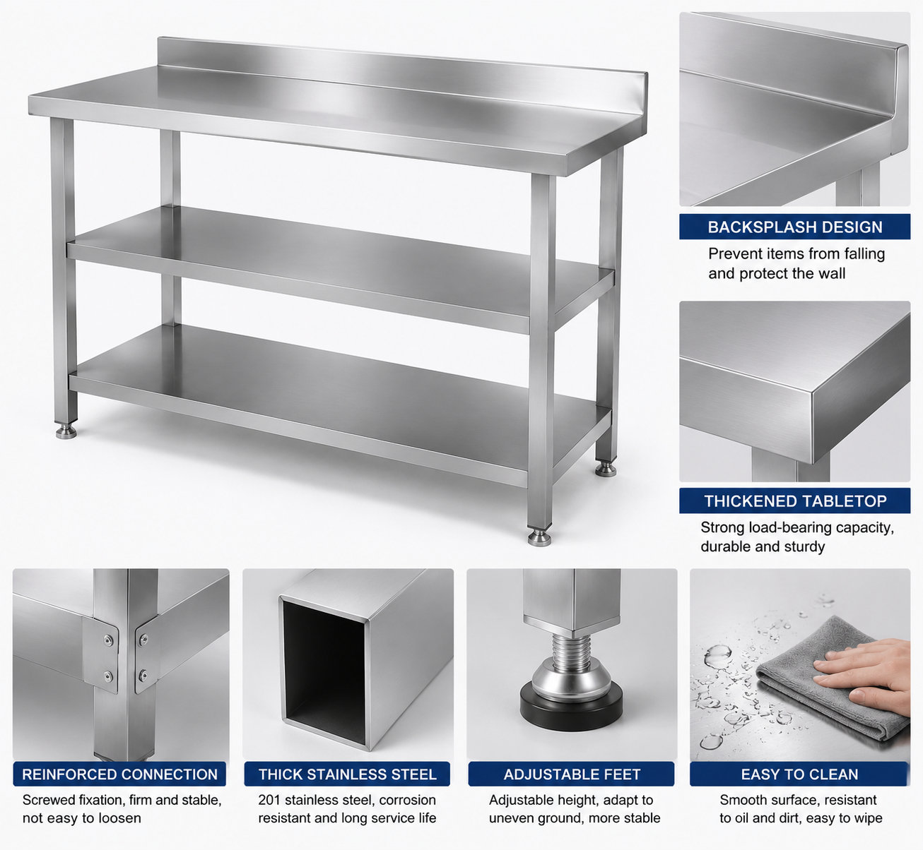 Three-Tier Stainless Steel Workbench with Backrest (201 Grade) - Image 3