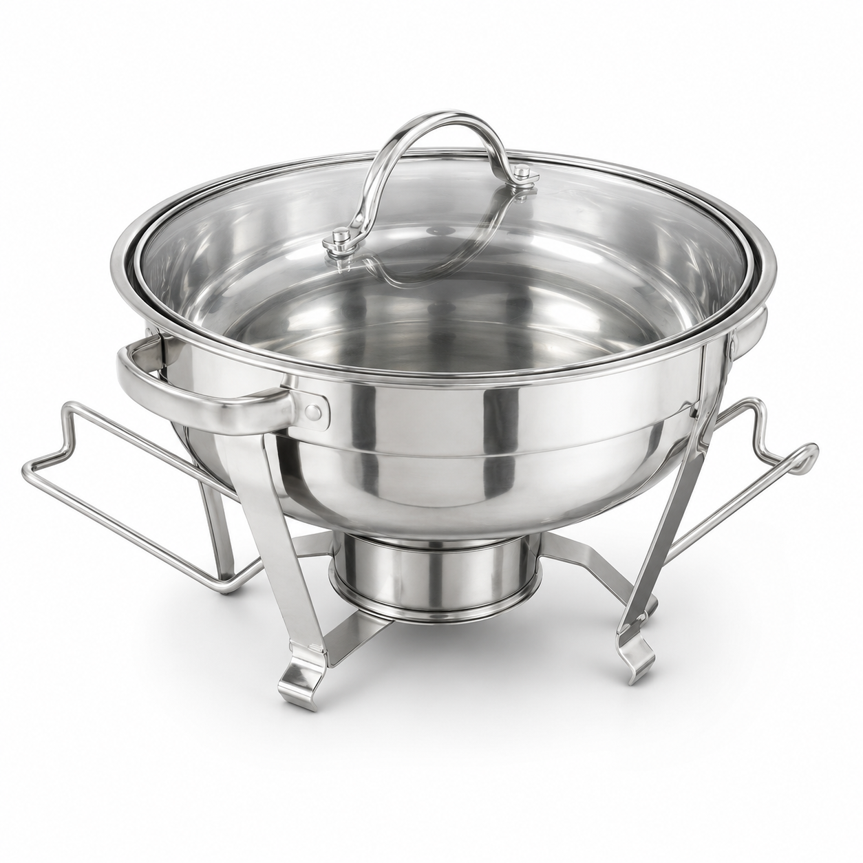 Premium Round Stainless Steel Chafing Dish with Glass Lid & Fuel Holder