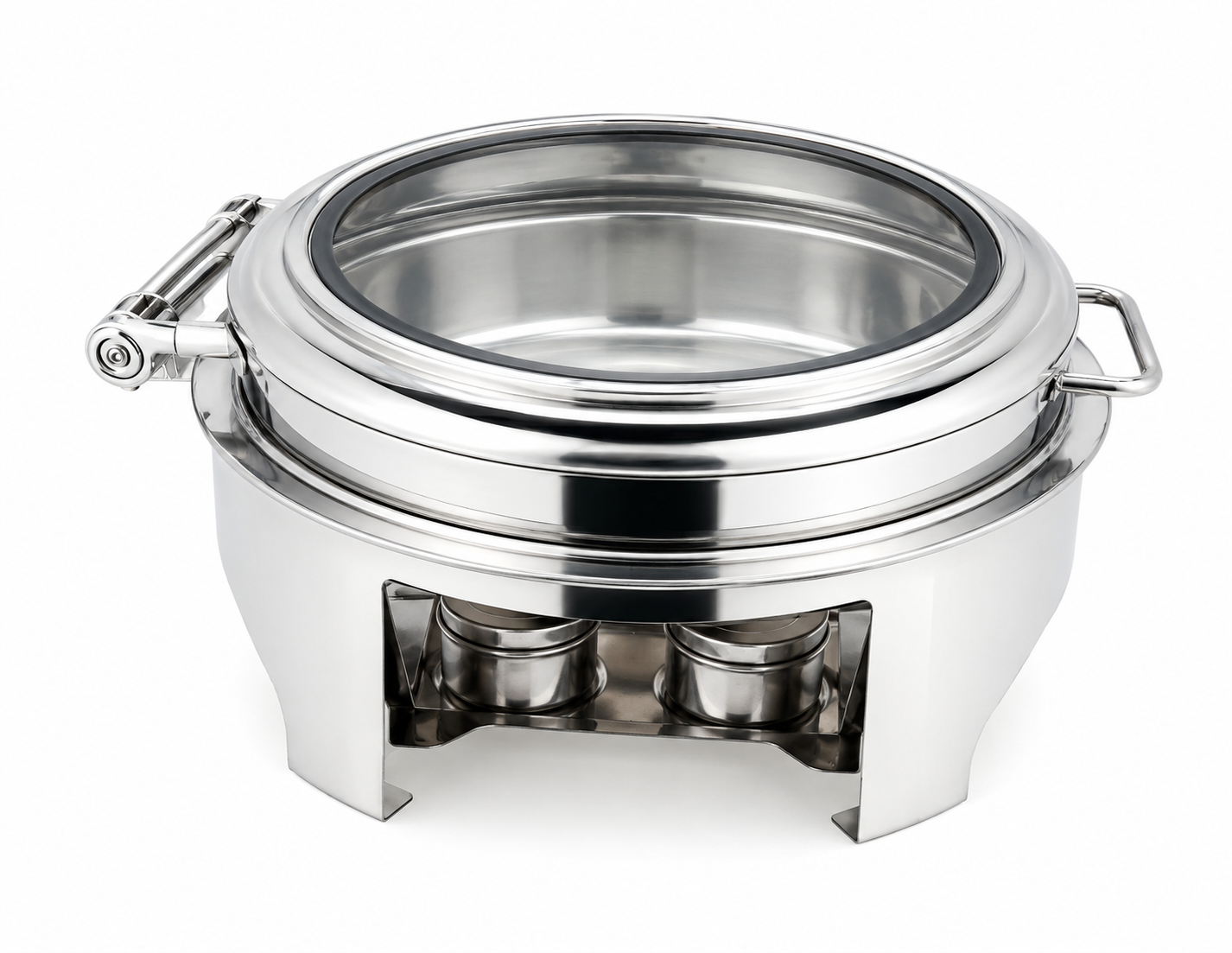 Premium Round Stainless Steel Chafing Dish with Glass Lid & Fuel Holders