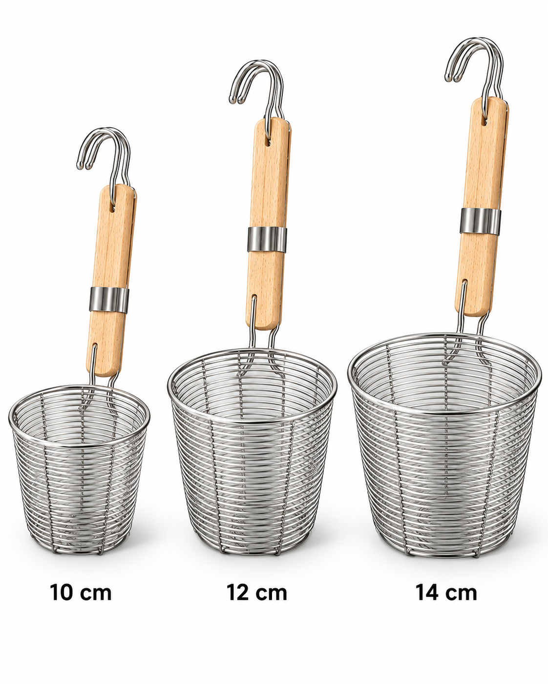 Commercial Stainless Steel Wire Basket Strainer with Wooden Handle – 10cm / 12cm / 14cm